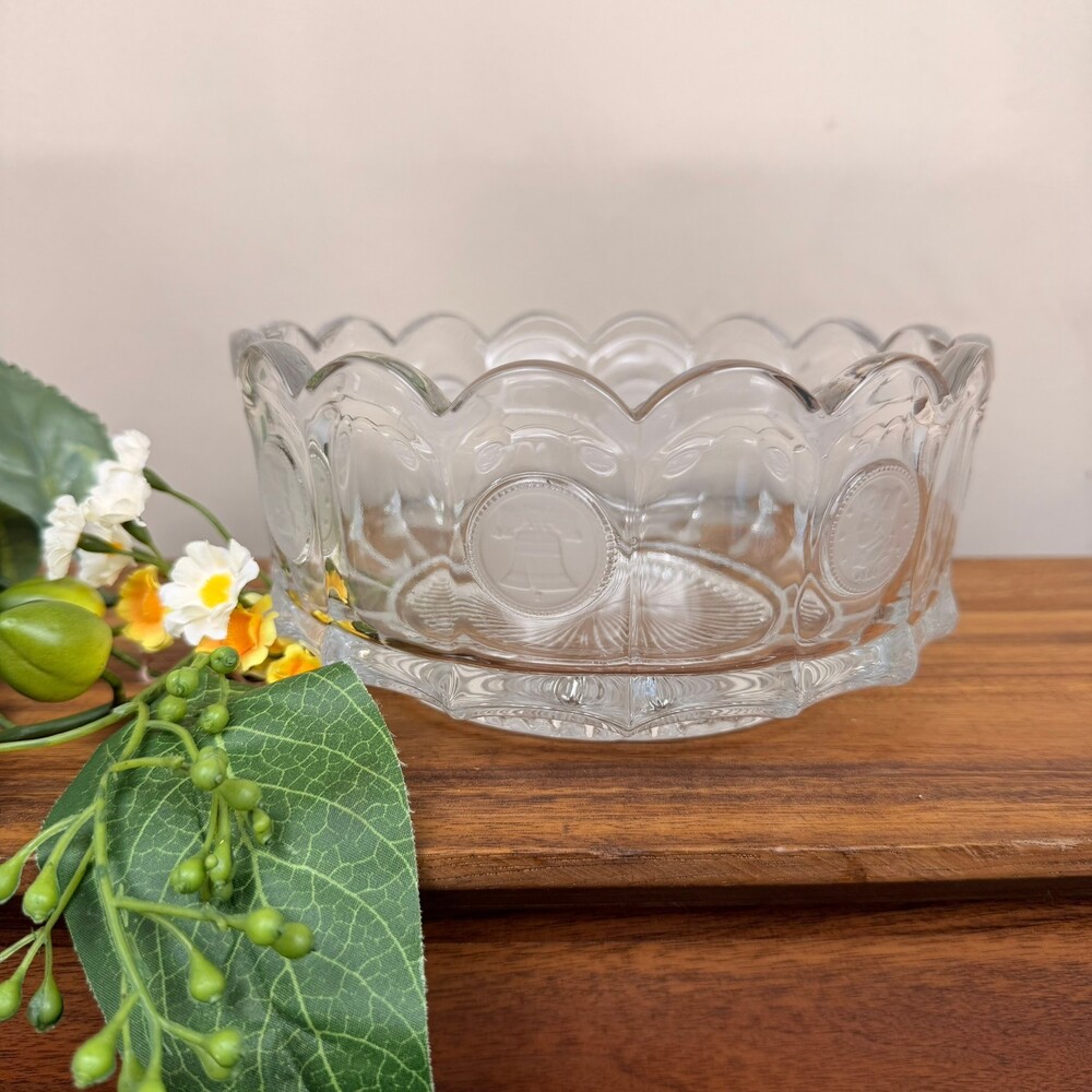 Vintage Fostoria Coin Glass Clear Frosted 7.5" Bowl Liberty Bell 1886 Scalloped